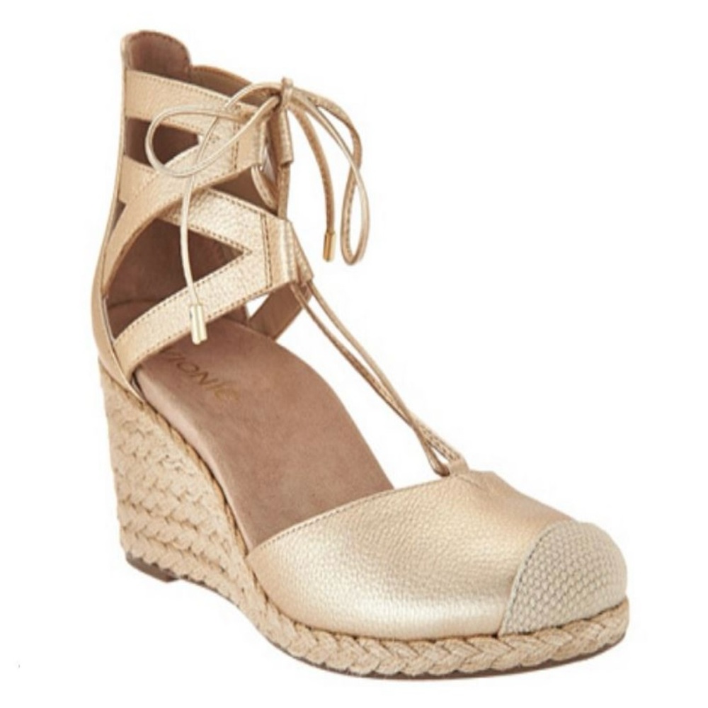 NIB VIONIC GOLD ARUBA CALYPSO WEDGE SANDALS WOMENS SIZE 5 LEATHER ESPADRILLES
